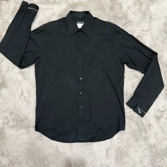 Versus Versace Mens Black Shirt IT 36/50 Long Sleeve Zipper Cuffs Italy Made M/L - Picture 1 of 14